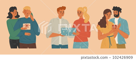 Happy people giving and receiving gifts, characters vector set. Man gives giftbox to his girlfriend for her birthday, romantic couples celebrate anniversary 102426909
