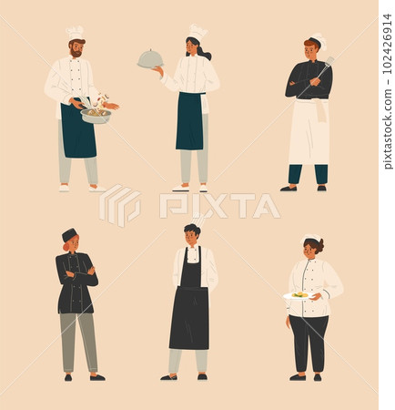 Group of chefs, man and woman chef, waitress, restaurant kitchen staff. Vector set. Restaurant team concept. Cook people characters, in uniform Group of chefs, man and woman chef, waitress, restaurant kitchen staff. Vector set. Restaurant team concept. Cook people characters, in uniform 102426914