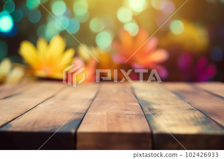 Empty wooden tabletop with colorful flowers background for advertising and presentation. Selective focus on tabletop. Generative AI illustration 102426933