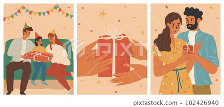 Happy people giving and receiving gifts, vector posters set. Family present gift to kid for birthday party. Man gives giftbox to his girlfriend, romantic couple. Hands holding gift box with ribbon Happy people giving and receiving gifts, vector posters set. Family present gift to kid for birthday party. Man gives giftbox to his girlfriend, romantic couple. Hands holding gift box with ribbon 102426940