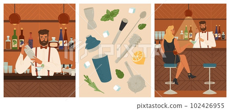 Single blond woman sitting at bar counter drinking cocktail. Vector posters set. Bartender mix cocktail in shaker. Pub interior and bar accessories, shaker, strainer, drink glass Single blond woman sitting at bar counter drinking cocktail. Vector posters set. Bartender mix cocktail in shaker. Pub interior and bar accessories, shaker, strainer, drink glass 102426955