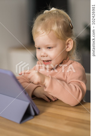 Funny baby with cochlear implant. Hear aid and medicine innovating technology and diversity concept 102426981