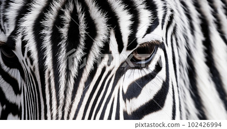 Monochrome, shallow depth of field image of a zebra with head and eye in focus and stripes in soft-focus, wildlife black and white stripes background texture closeup 102426994
