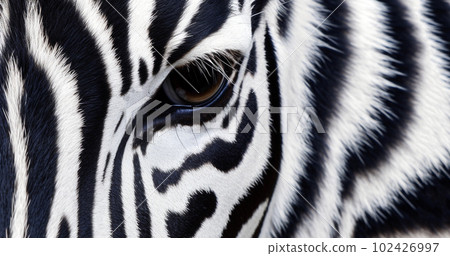 Monochrome, shallow depth of field image of a zebra with head and eye in focus and stripes in soft-focus, wildlife black and white stripes background texture closeup 102426997
