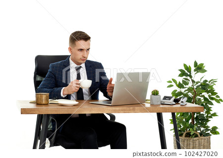 Freelancer man talking on video call to client using laptop 102427020