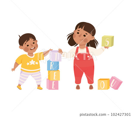 Happy girl and boy playing toy blocks. Joyful kids brother and sister playing together cartoon vector illustration Happy girl and boy playing toy blocks. Joyful kids brother and sister playing together cartoon vector illustration 102427301