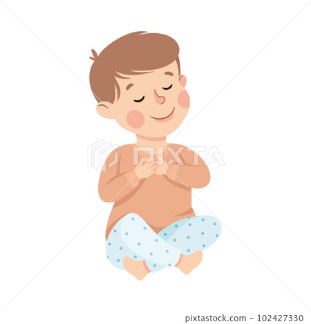 Little Boy Praying Sitting on the Floor Cross Legged Vector Illustration 102427330