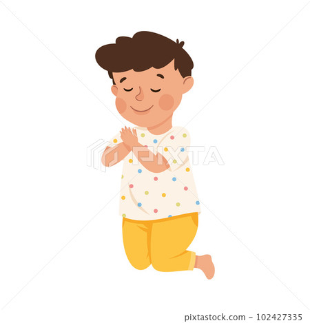 Little Boy Praying Sitting on the Floor On His Knees Vector Illustration 102427335