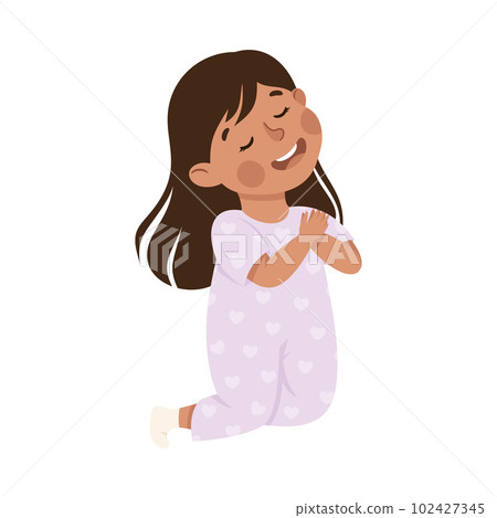 Little Girl Praying Sitting on the Floor with Bended Legs Vector Illustration 102427345
