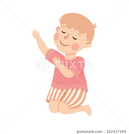 Little Boy Praying Sitting on the Floor On His Knees Vector Illustration 102427349