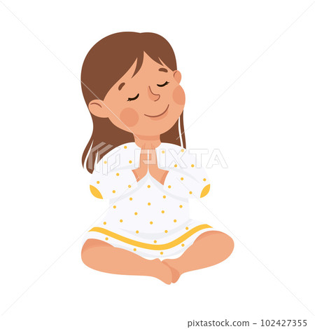 Little Girl Praying Sitting on the Floor with Bended Legs Vector Illustration 102427355