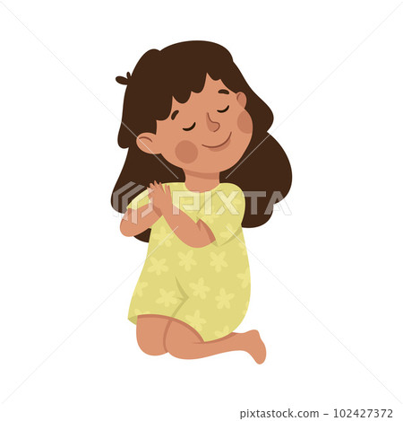 Little Girl Praying Sitting on the Floor with Bended Legs Vector Illustration 102427372