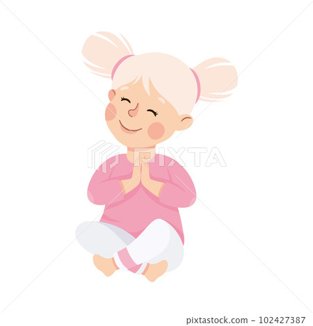 Little Girl Praying Sitting on the Floor with Bended Knees Vector Illustration 102427387