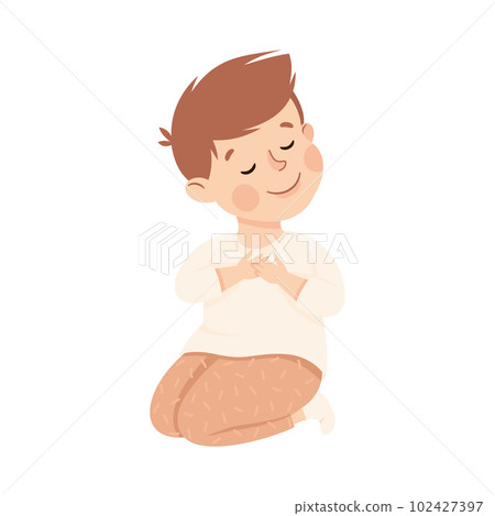 Little Boy Praying Sitting on the Floor with Bended Knees Vector Illustration 102427397