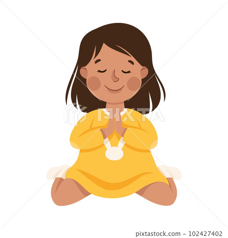 Little Girl Praying Sitting on the Floor with Bended Knees Vector Illustration 102427402