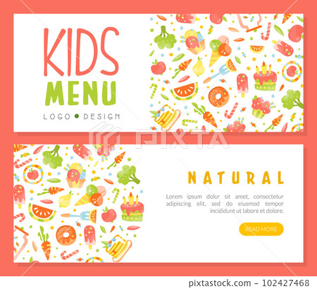 Kids menu landing page templates set. Natural healthy tasty dishes and desserts for kids nutrition website interface cartoon vector Kids menu landing page templates set. Natural healthy tasty dishes and desserts for kids nutrition website interface cartoon vector 102427468