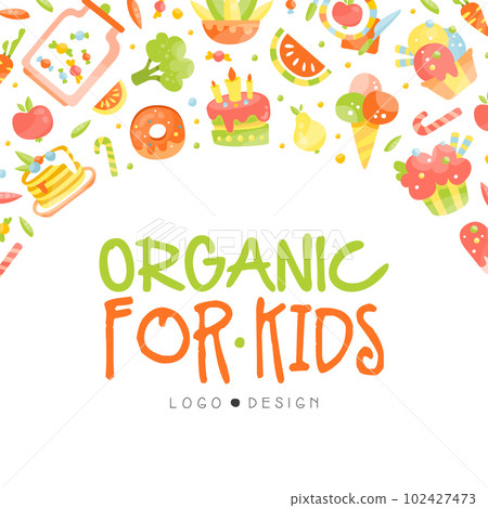 Organic food for kids banner. Healthy tasty dishes and desserts poster, card, invitation, flyer, cover, placard, brochure design cartoon vector 102427473