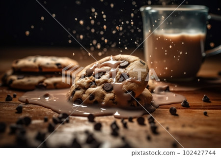 Cookies are submerged in milk, a fresh and creative concept for food photography. Generative AI 102427744
