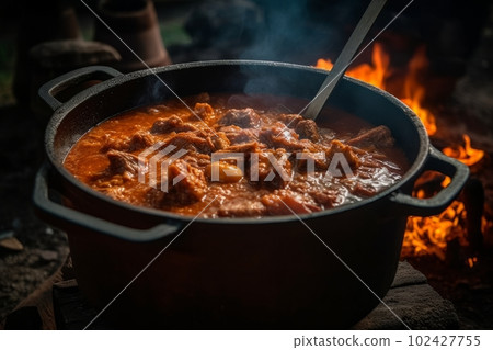 A traditional Hungarian goulash stew bubbling in a cauldron over an open fire. Capture the hearty, comforting food that keeps people warm in the cold Hungarian winters. Generative AI A traditional Hungarian goulash stew bubbling in a cauldron over an open fire. Capture the hearty, comforting food that keeps people warm in the cold Hungarian winters. Generative AI 102427755