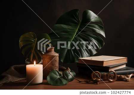 A monstera plant displayed with other decorative items, such as candles, books, or sculptures, against a neutral background, Concept artistic and eclectic decor. Generative AI 102427774