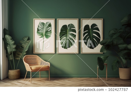 A set of framed monstera prints or posters displayed on a wall, against a neutral background, with a sense of artistic and botanical decor. Concept interior design and decoration. Generative AI 102427787