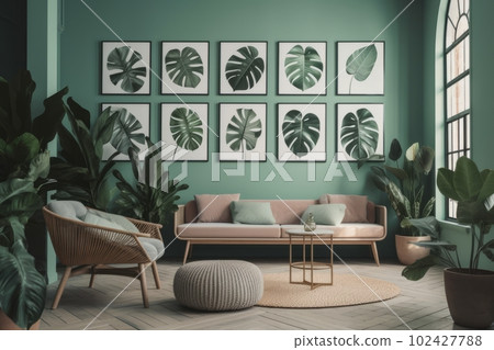 A set of framed monstera prints or posters displayed on a wall, against a neutral background, with a sense of artistic and botanical decor. Concept interior design and decoration. Generative AI 102427788