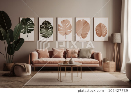 A set of framed monstera prints or posters displayed on a wall, against a neutral background, with a sense of artistic and botanical decor. Concept interior design and decoration. Generative AI 102427789