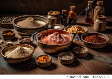 Ingredients used to make ayurvedic henna cream, such as henna powder, essential oils, and herbs, natural and organic ingredients. Generative AI 102427807