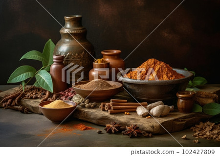 Ingredients used to make ayurvedic henna cream, such as henna powder, essential oils, and herbs, natural and organic ingredients. Generative AI 102427809