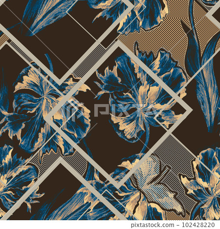 Watercolor realistic tulips with gray geomertry lines on brown background 102428220
