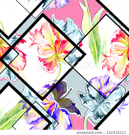 Watercolor realistic tulips with black geomertry lines on white background Watercolor realistic tulips with black geomertry lines on white background 102428222