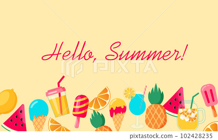Hello summer banner with watermelon, oranges, drinks, coctails, lemon and cherry. Hello summer banner with watermelon, oranges, drinks, coctails, lemon and cherry. 102428235