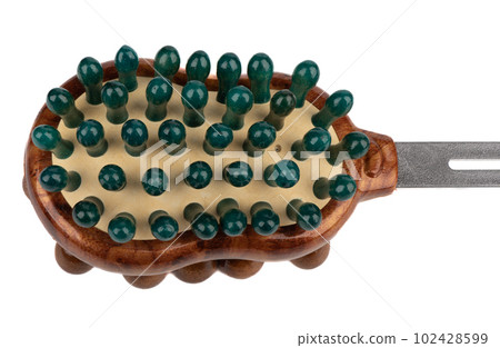 Body massage brush with wooden pins isolated on white background. Body massage brush with wooden pins isolated on white background. 102428599