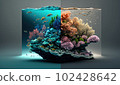 Result of human ecological activity. Colorful coral reef underwater with fish, before and after water pollution. Ai generation. Concept of ecological disaster and Global warming 102428642