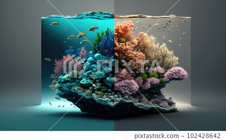 Result of human ecological activity. Colorful coral reef underwater with fish, before and after water pollution. Ai generation. Concept of ecological disaster and Global warming 102428642