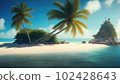 Idyllic paradise sandy beach, marked with blue flag, and coconut palms with turquoise waters of ocean. Generative Ai. Copy space. Concept of summer vacation and resort 102428643