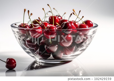 Ripe appetizing cherries in a large transparent glass bowl on a white background made with generative AI 102429159
