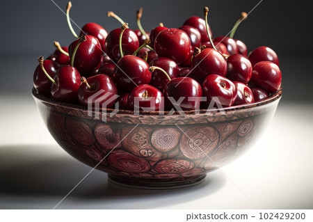 Large ripe juicy tasty cherries in a ceramic bowl on a light background made with generative AI Large ripe juicy tasty cherries in a ceramic bowl on a light background made with generative AI 102429200