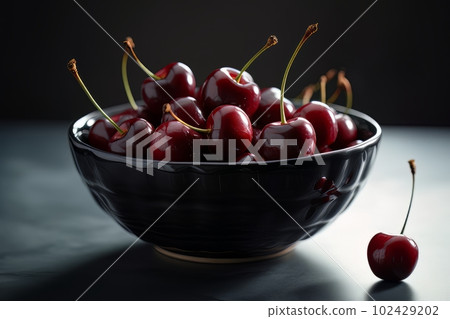 Large ripe juicy tasty cherries in a ceramic bowl on a dark background made with generative AI 102429202