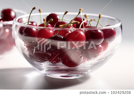 Ripe appetizing cherries in a large transparent glass bowl on a white background made with generative AI Ripe appetizing cherries in a large transparent glass bowl on a white background made with generative AI 102429208