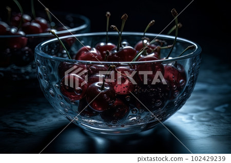 Ripe appetizing cherries in a large transparent glass bowl on the table made with generative AI 102429239