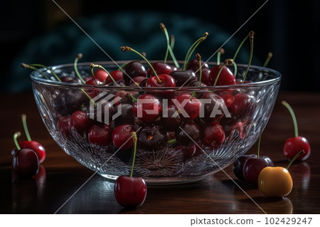Ripe appetizing cherries in a large transparent glass bowl on the table made with generative AI Ripe appetizing cherries in a large transparent glass bowl on the table made with generative AI 102429247