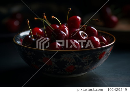 Large ripe juicy tasty cherries in a ceramic bowl on a dark background made with generative AI Large ripe juicy tasty cherries in a ceramic bowl on a dark background made with generative AI 102429249
