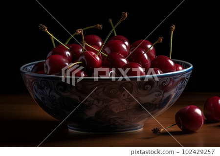 Large ripe juicy tasty cherries in a ceramic bowl on a dark background made with generative AI Large ripe juicy tasty cherries in a ceramic bowl on a dark background made with generative AI 102429257