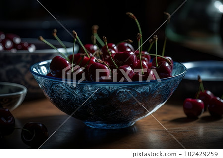 Ripe appetizing cherries in a large transparent glass bowl on the table made with generative AI Ripe appetizing cherries in a large transparent glass bowl on the table made with generative AI 102429259
