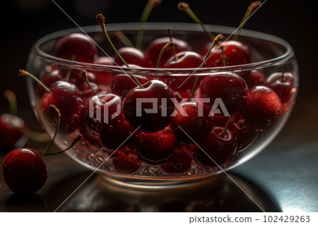 Ripe appetizing cherries in a large transparent glass bowl on the table made with generative AI Ripe appetizing cherries in a large transparent glass bowl on the table made with generative AI 102429263