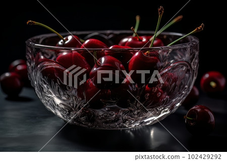Ripe appetizing cherries in a large transparent glass bowl on the table made with generative AI Ripe appetizing cherries in a large transparent glass bowl on the table made with generative AI 102429292