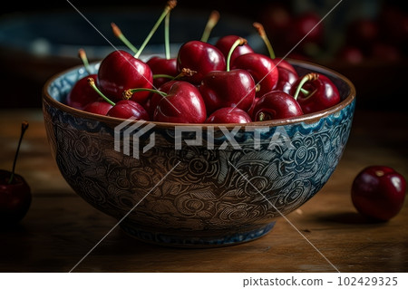 Large ripe juicy tasty cherries in a ceramic bowl on a dark background made with generative AI 102429325