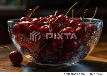 Ripe appetizing cherries in a large transparent glass bowl on the table made with generative AI 102429326