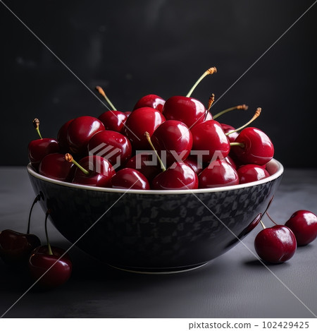 Large ripe juicy tasty cherries in a ceramic bowl on a dark background made with generative AI Large ripe juicy tasty cherries in a ceramic bowl on a dark background made with generative AI 102429425